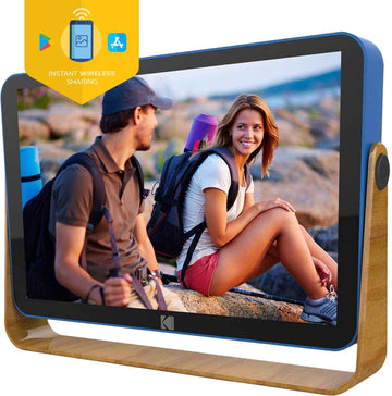 front view of kodak 10 inch RWF-108 picture frame in blue with wooden legs